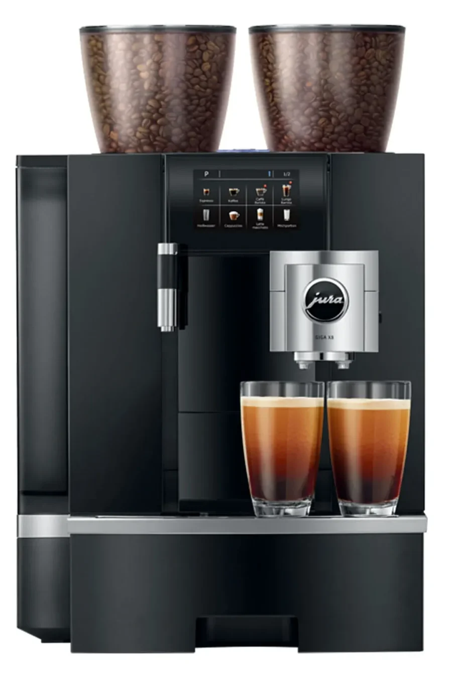 JURA Giga X8 bean-to-cup coffee machine pouring two drinks